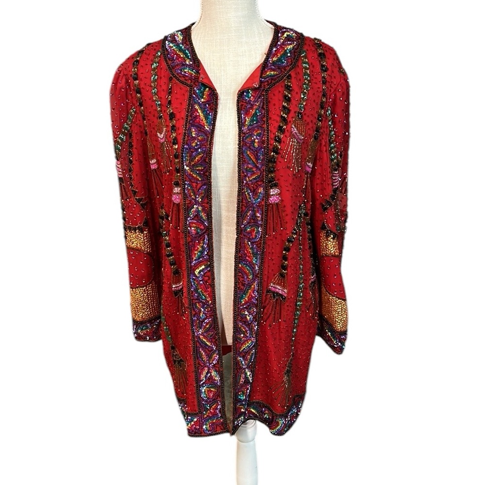 Vintage Scala Long Sleeve Beaded Jacket Read Silk Womens M Blazer Bling 80 90